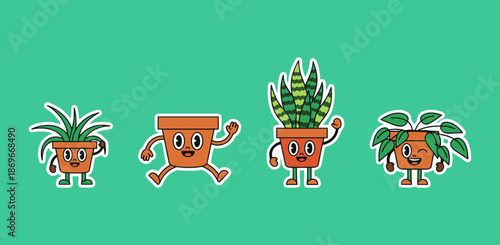Cute cartoon potted houseplant characters set with various green plants in terra cotta pots waving and smiling on green background