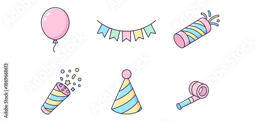 Festive party celebration elements set with pink balloon bunting flags confetti popper party hat and whistle for birthday and anniversary decor