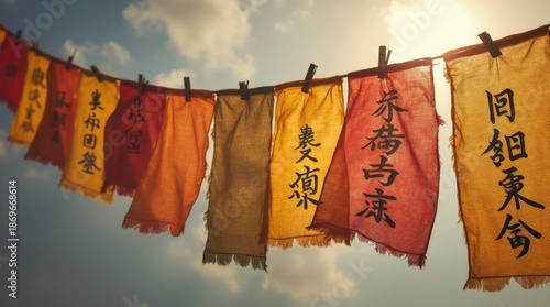 Close up of frayed prayer flags with mantras in wind
