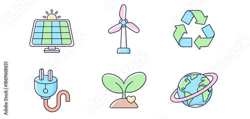 Renewable green energy and environmental protection icon set with solar panel wind turbine recycling symbol electric plug sprout and planet earth