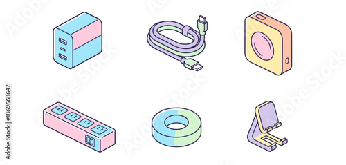 Modern electronic accessories and tech gadgets set including power adapter charging cable power bank power strip tape and smartphone stand holder