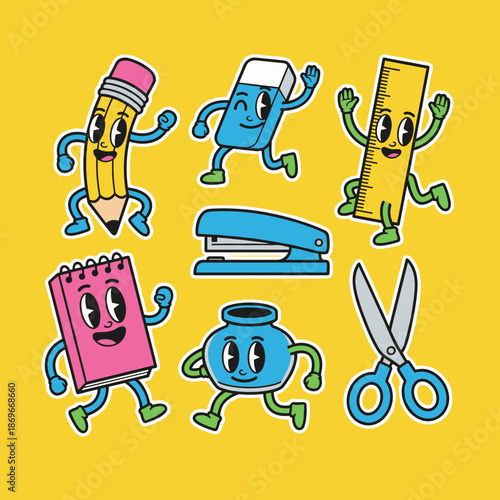 Vintage rubber hose style cartoon school supplies characters with pencil eraser ruler stapler notebook ink pot and scissors for kids education