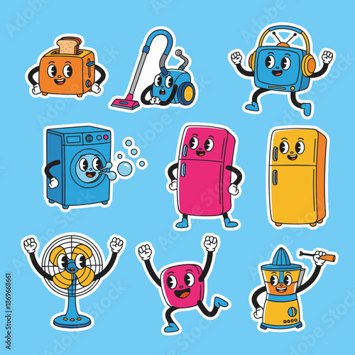 Cute retro cartoon character stickers of home appliances set, vintage aesthetic animated household electronics like toaster vacuum and fridge