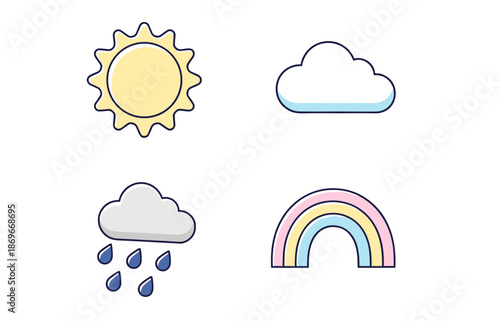 Simple weather forecast icons set including bright sun, clouds, rain drops and colorful rainbow for meteorology and climate app design