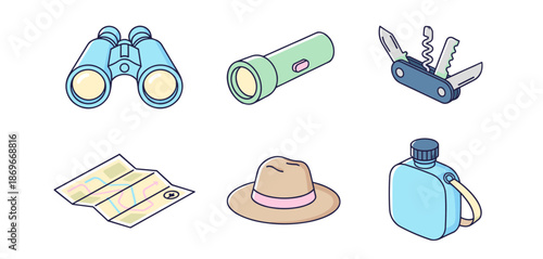 Retro outdoor adventure and survival gear sticker set with binoculars flashlight multi tool and canteen in vintage rubber hose mascot style