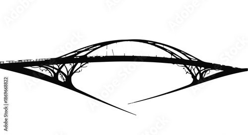 Silhouette of an abstract, symmetrical, futuristic bridge structure featuring intricate, organic tree-like supports forming a dramatic architectural span against a stark white background