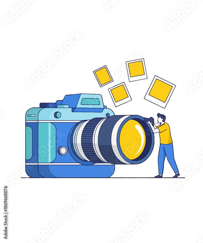 Tiny photographer operating massive professional camera equipment for capturing amazing visual moments and creating photographic memories instantly
