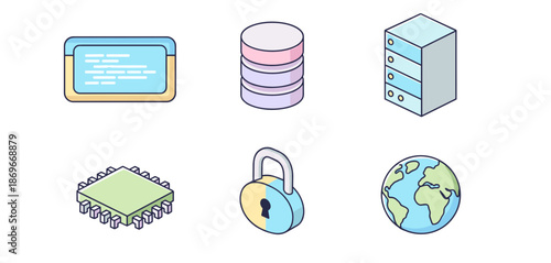 Professional IT Infrastructure and Data Security Icon Set Featuring Database, Server Rack, Microchip, Global Network and Secure Padlock