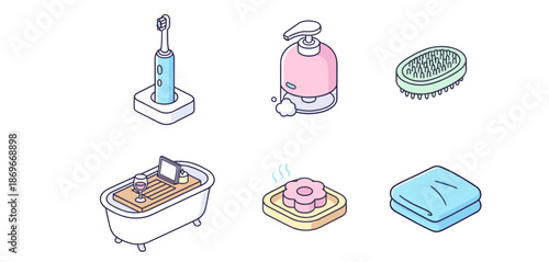 Modern Bathroom and Personal Care Essentials Collection Including Electric Toothbrush, Soap Dispenser, Bathtub Tray, Brush and Towel