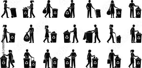 Black silhouettes of people recycling garbage in trash bins, waste management icons set, community sanitation and environmental cleaning vector collection.