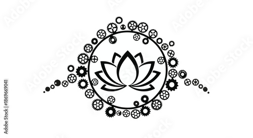 Intricate black and white circular logo design uniquely merges a delicate lotus flower silhouette with numerous small mechanical gears creating a striking steampunk inspired spiritual emblem perfect f