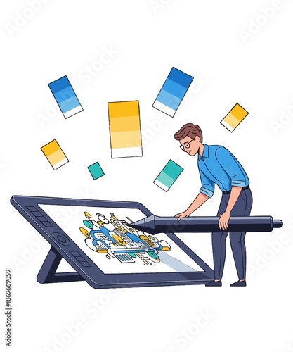 Digital artist using a large graphic design tablet and stylus for creating futuristic vehicle illustrations with color palette inspiration floating around