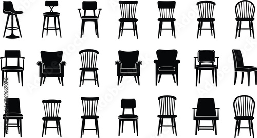 Chair Silhouette Collection, Furniture Vector Icons, Minimalist Seat Shapes, Office and Home Dining Chairs, Interior Design Elements, Bar Stools, Wood,