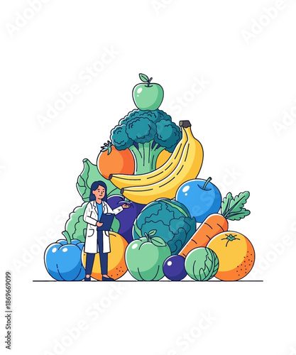 Nutritionist advising on healthy eating pyramid composition featuring diverse fresh fruits and vegetables for optimal wellness and dietary planning
