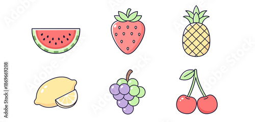 Fresh summer fruits collection in flat line art style featuring watermelon strawberry pineapple lemon grapes and cherries icons