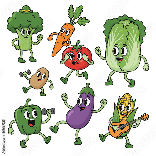 Retro rubber hose cartoon vegetable mascots characters featuring broccoli carrot tomato potato eggplant and corn playing guitar