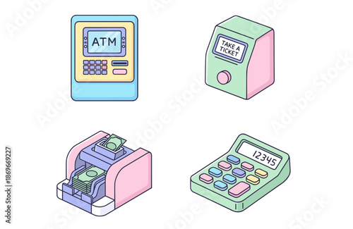 Flat vector icons of financial and service machines including automated teller machine ticket dispenser bill counter and digital calculator