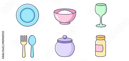 Kitchenware and tableware icons set with plate bowl of rice wine glass cutlery jar and condiment bottle in flat cartoon vector style
