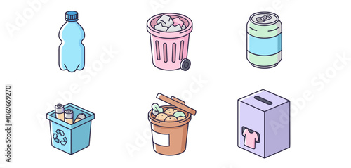 Waste management and recycling icons including plastic bottle trash bin soda can battery recycle box organic waste and clothing donation
