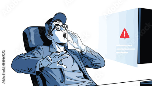 Shocked Man Reacting to Computer Alert in Stylized Illustration