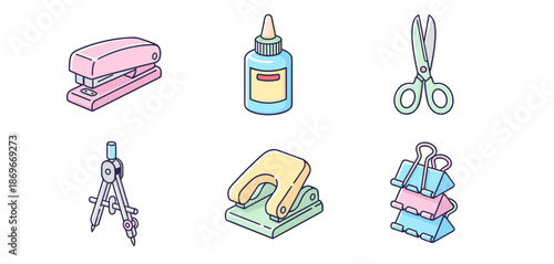Office stationery and school supplies set with stapler glue scissors compass hole puncher and binder clips in flat vector design