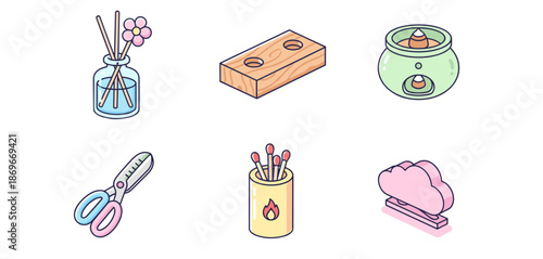 Spa and Wellness Accessories Set with Essential Oil Diffuser Incense Burner Scissors Matches and Cloud Lamp Icons in Isometric Style