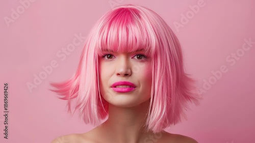 Wallpaper Mural Expressive woman with pink hair transitions from shouting to calm expression in three frames Torontodigital.ca