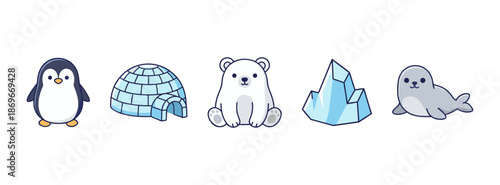Arctic Wildlife and Winter Landscape Icons Featuring Penguin Igloo Polar Bear Iceberg and Seal for Nature Conservation Design