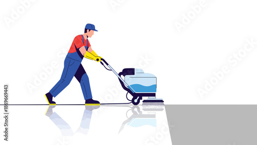Professional Floor Cleaning Illustration with Worker Operating Machine