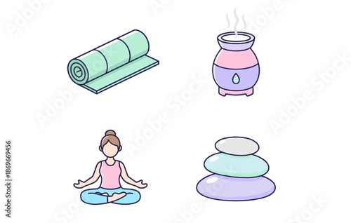 Yoga and Meditation Wellness Set with Exercise Mat Essential Oil Diffuser Sitting Woman Pose and Stacked Zen Stones Isometric Icons