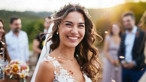 Wallpaper Mural Joyful bride celebrates amidst flying petals in stunning outdoor wedding at sunset Torontodigital.ca