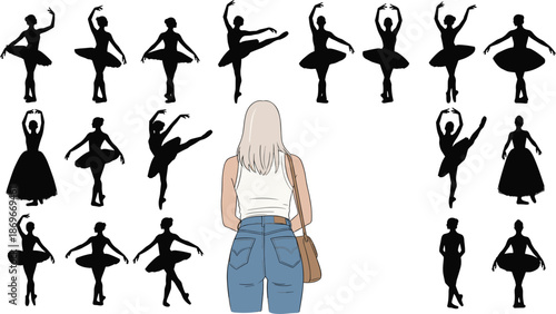 Ballet dancer silhouette collection with woman watching, classical dance poses isolated on white background, artistic performance concept illustration