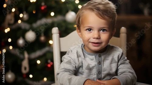Wallpaper Mural Joyful child smiling in front of festive christmas tree with warm holiday lights Torontodigital.ca
