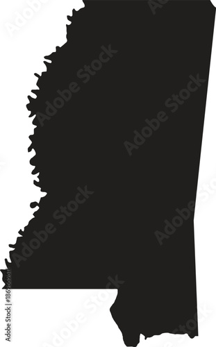 Black silhouette of Mississippi state map outline isolated on white. US geography vector illustration for travel, educational materials, southern regional maps, and state pride logos.