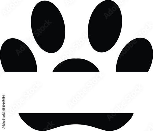 Black paw print vector illustration with blank white banner bar for name or text. Pet themed split logo frame for dog walking, animal rescue, grooming, and pet shop branding designs.