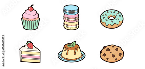 Delicious Sweet Dessert Assortment with Cupcake Macarons Glazed Donut Cake Slice Caramel Pudding and Chocolate Chip Cookie for Bakery Menu Design