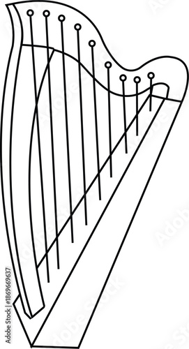 Harp musical instrument line art illustration, elegant stringed lyre vector icon. Classical music design element for orchestral themes, angelic concepts, and music school branding.