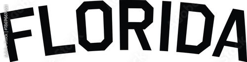 Florida arched varsity text logo in black block font, isolated on white. Retro athletic style collegiate lettering for tourism souvenirs, sports apparel, and sunshine state travel illustrations.