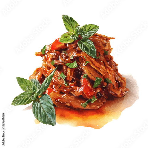 Watercolor painting of Ropa Vieja, vector illustration, isolated on white background.