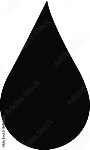 Water drop silhouette, black teardrop shape isolated on white background. Simple liquid droplet icon for plumbing services, environmental conservation, moisture, and rainfall design elements.