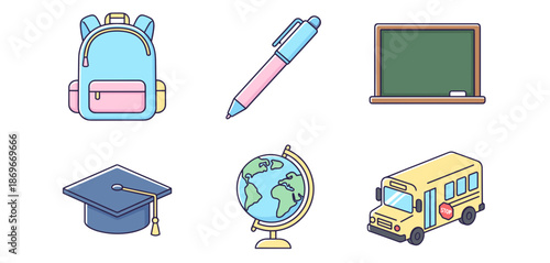 Back to School Education Supplies Collection Including Backpack Pen Chalkboard Graduation Cap World Globe and Yellow School Bus for Learning