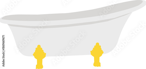 Vintage clawfoot bathtub illustration, white porcelain tub with golden ornate legs. Classic bathroom fixture design for interior design catalogs, spa branding, luxury plumbing, and home decor.