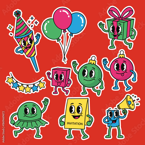 Vibrant Party Celebration Cartoon Stickers with Animated Balloons Gift Box Party Popper Bunting Flags Invitations and Festive Holiday Characters
