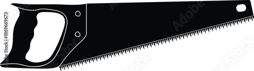 Hand saw tool silhouette, black carpentry tool with handle and serrated blade. Professional hardware icon for woodworking, construction, home renovation, diy projects, and workshop branding.
