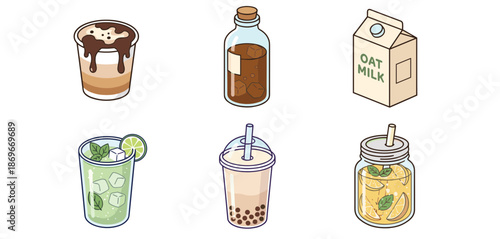 Modern Beverage Selection Including Iced Coffee Oat Milk Mojito Cocktail Bubble Tea and Fresh Lemonade in Glass Jars for Refreshing Drink Concepts