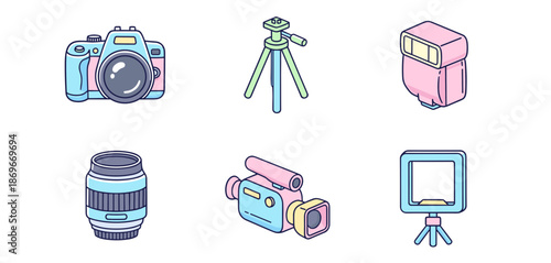 Professional photography equipment set with digital camera tripod video camcorder lens and ring light in cute mbe cartoon style for media