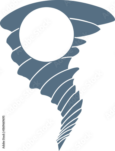 Tornado vortex illustration with circular sun or moon, abstract weather phenomenon icon. Storm cyclone graphic for meteorological reports, natural disaster warnings, and climate change concepts.