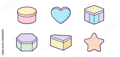 Collection of isometric gift boxes and dessert containers in various shapes including heart star and hexagon with pastel colors for party