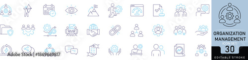 Organization management line icon set featuring business structure, strategy, and leadership symbols. Perfect for corporate decks, HR software, and UI design.