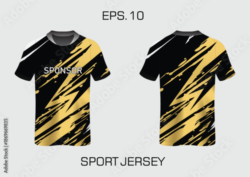 Modern Sport Jersey Design with Bold Black and Gold Stripes and Sponsor Area for Customization